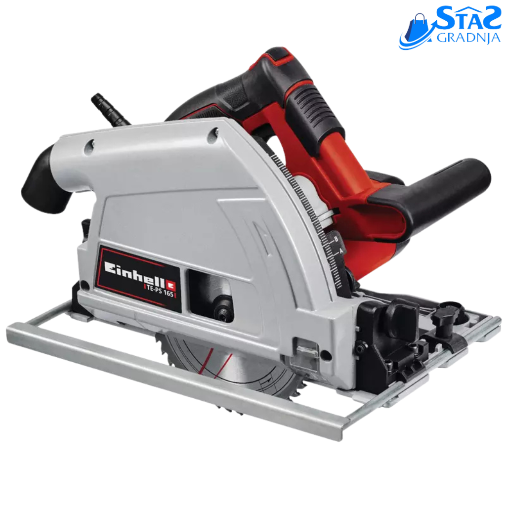 Einhell uranjajuća kružna testera TE-PS 165 sa crvenim i crnim dizajnom, ergonomska ručka, ugrađeni sistem za prašinu.