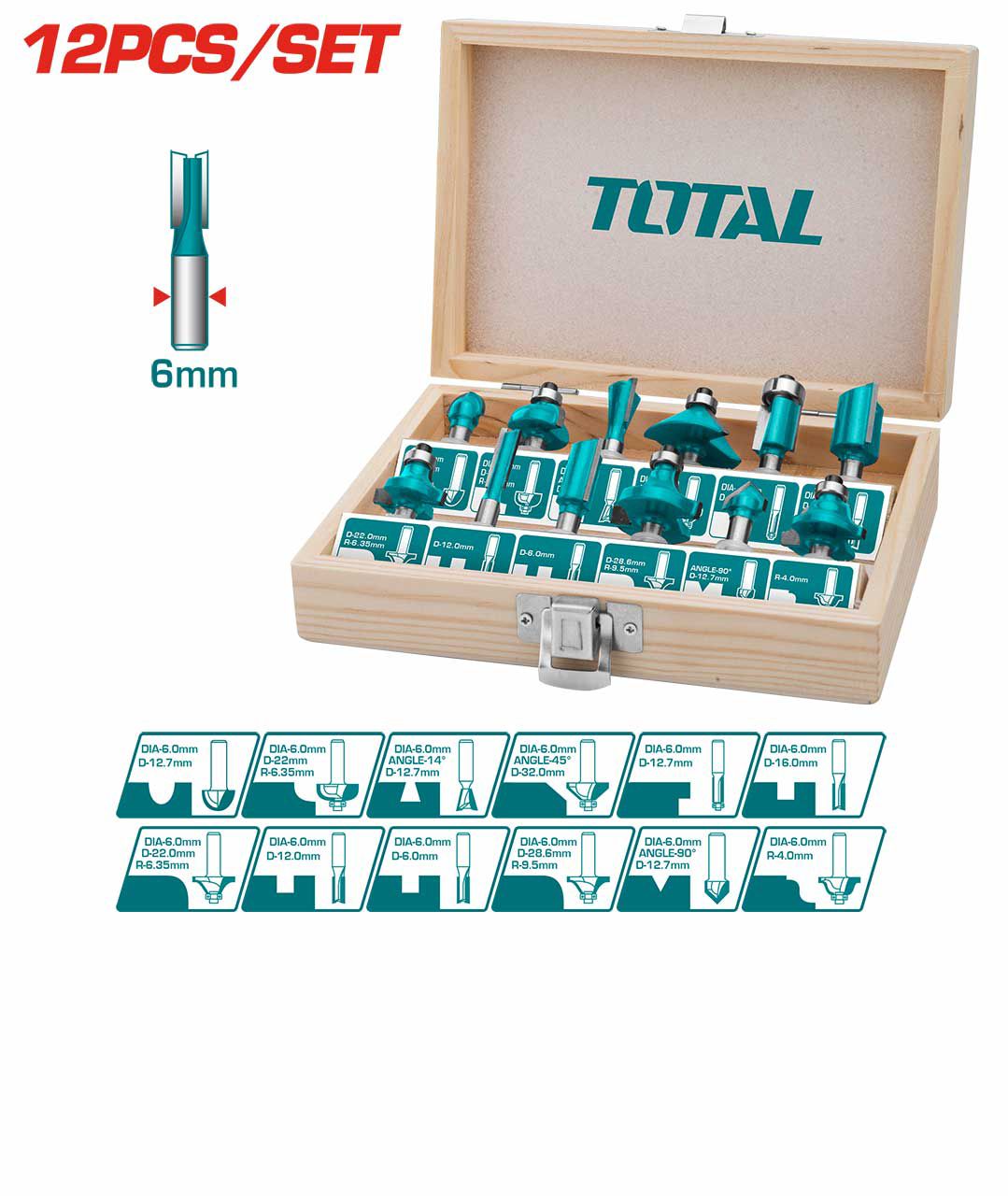 Total alati Set 12 bitova za glodalicu (6mm) TACSR0121