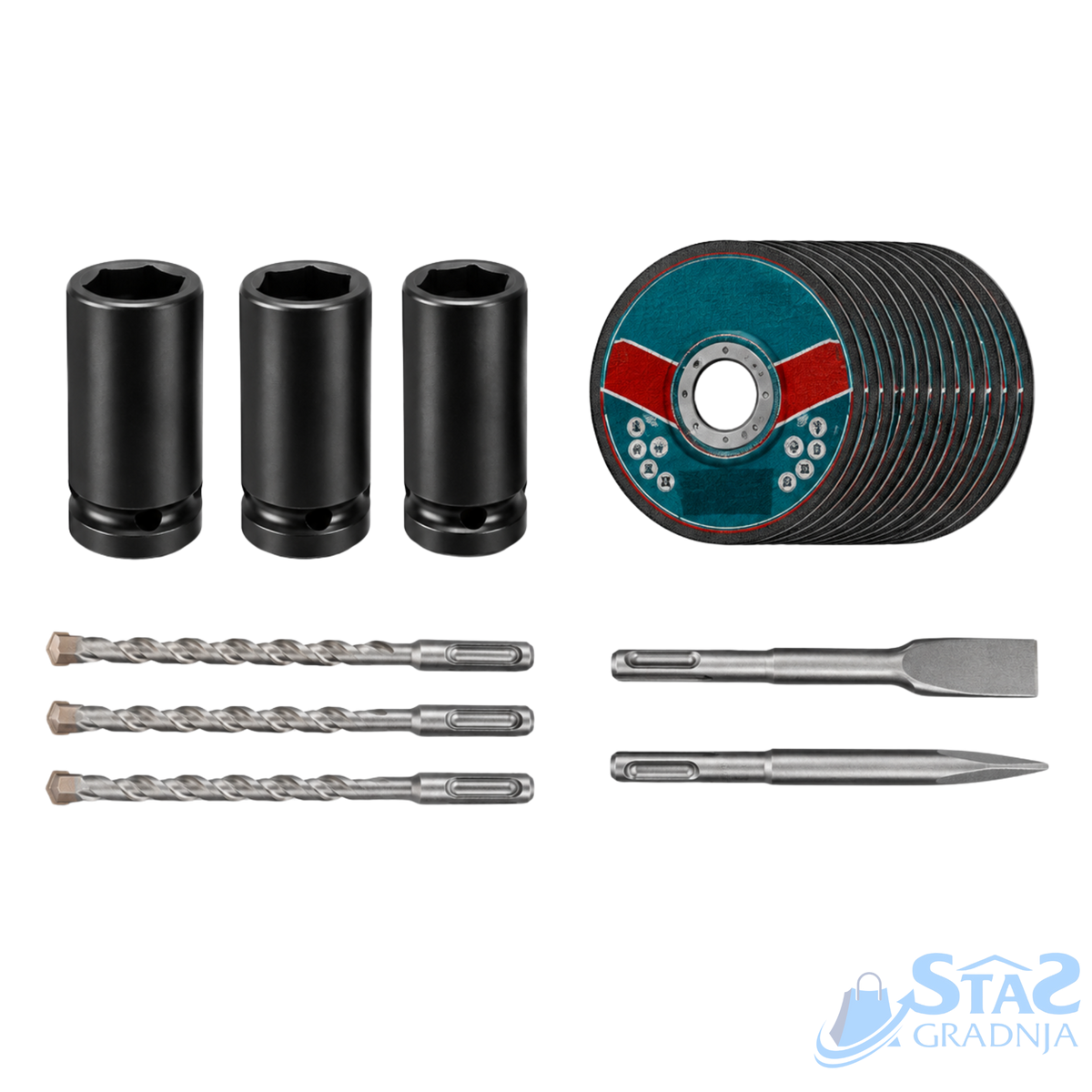 A set of masonry and drilling tools arranged on a white background, including three black socket extensions, a stack of circular abrasive discs with a teal and red center, three twisted steel drill bits, a flat steel blade, and a pointed steel bit. A STG2 GRADNJA logo appears in the bottom right corner.