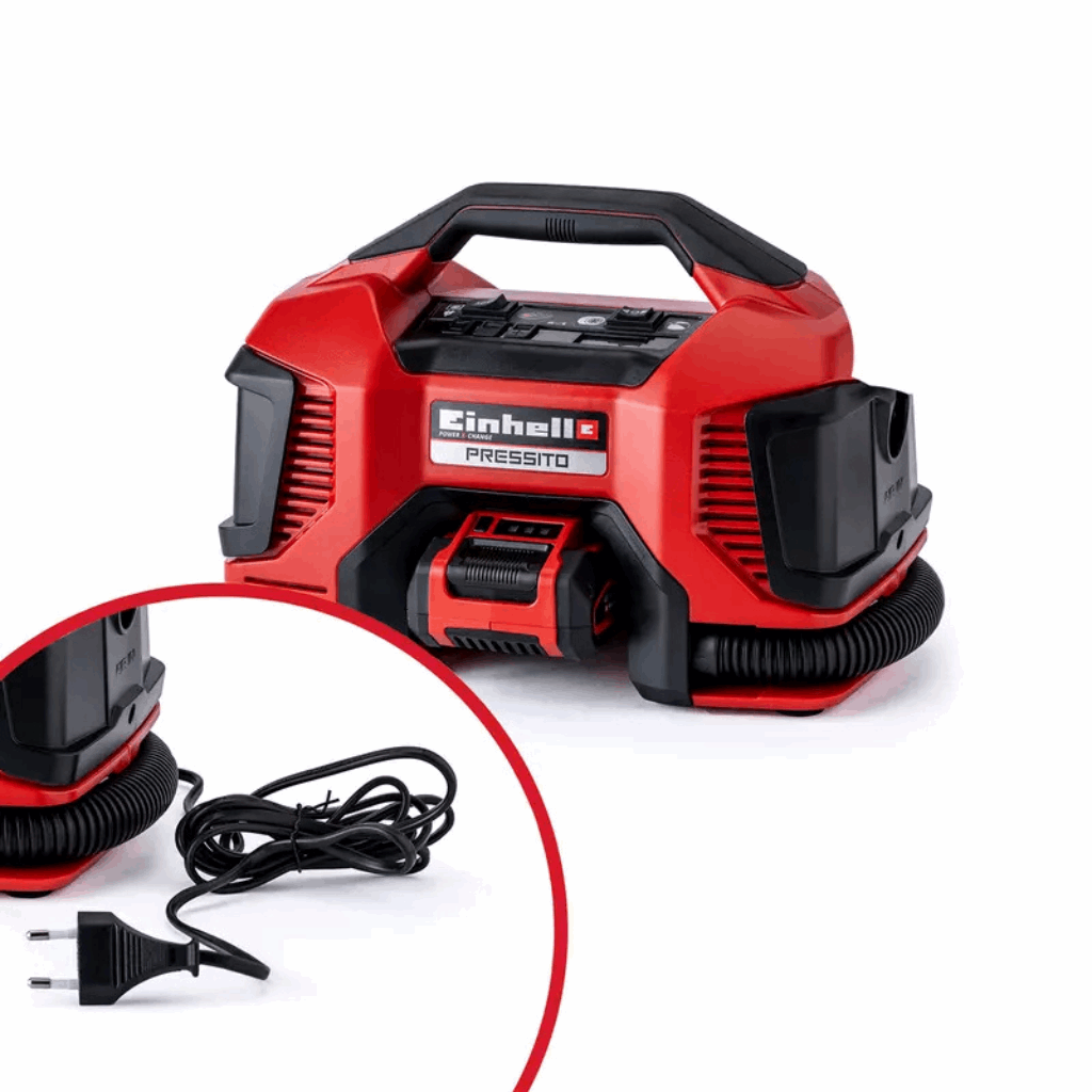 Einhell PRESSITO Hibridni Kompresor, crveno-crni dizajn sa držačem za adaptere, digitalnim indikatorom pritiska i integrisanim skladištem za adaptere.