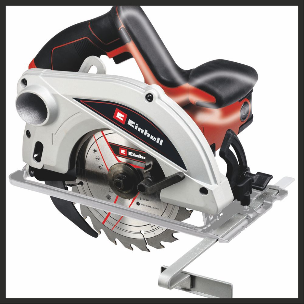 Einhell ručna kružna testera TC-CS 1250, crvena i crna boja, sa integrisanim laserom za precizno sečenje.