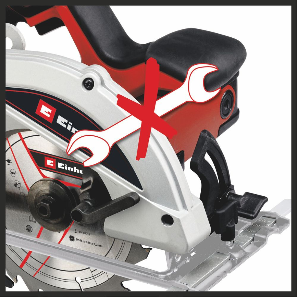 Einhell ručna kružna testera TC-CS 1250, crvena i crna boja, sa integrisanim laserom za precizno sečenje.