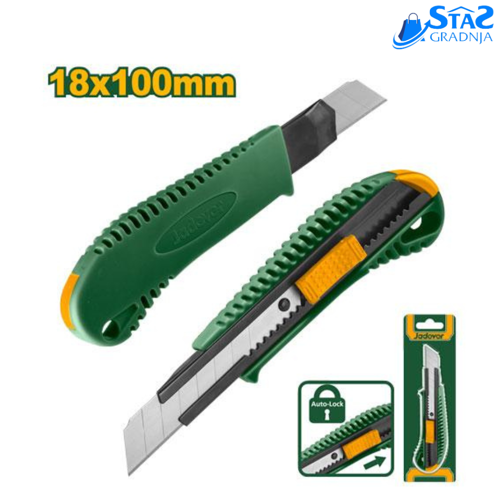 Jadever JDSK3918 skalpel sa oštricom 18 mm x 100 mm, metalnom vođicom i ergonomskim dizajnom, idealan za precizne zadatke sečenja.