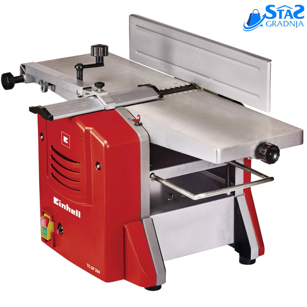 Stacionarna hoblerica Einhell TC-SP 204 sa aluminijumskom radnom površinom, graničnikom i nogama koje apsorbuju vibracije.