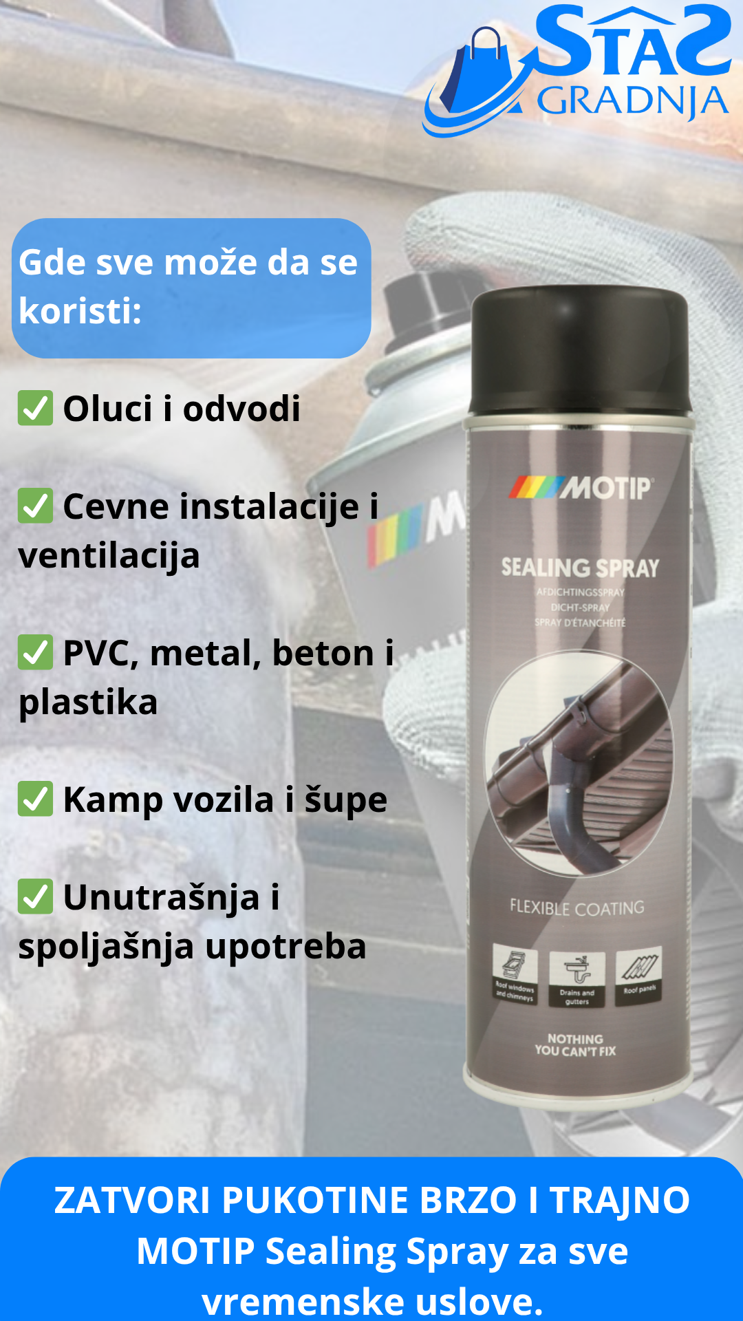 MOTIP Sealing Spray za zaptivanje pukotina na olucima, PVC i betonu