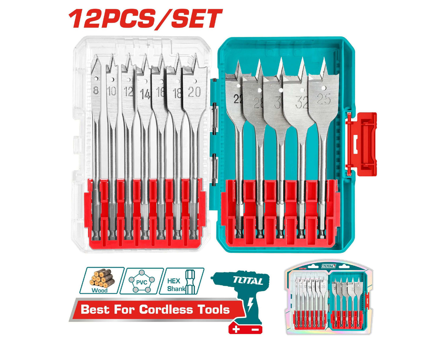 Total set ravnih burgija za drvo 8–32 mm TACSDL1206, 12 komada