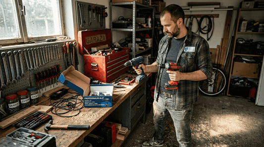 Muškarac upoređuje bušilice na radnom stolu u garaži, pokušava da odluči koja mu najviše odgovara za naredni projekat.
