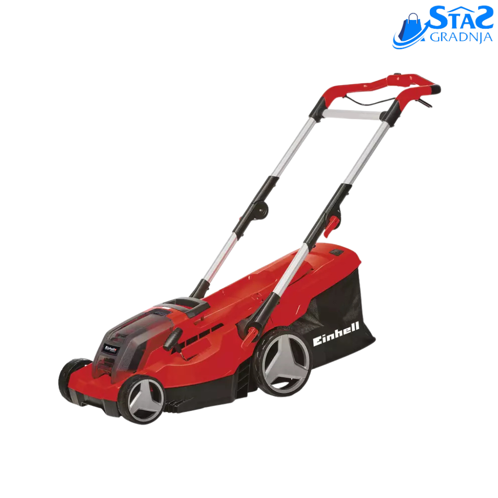 Einhell GE-CM 36/37 Li akumulatorska kosačica sa aluminijumskom ručkom, korpom od 45 litara i integrisanim češljem za travu.

