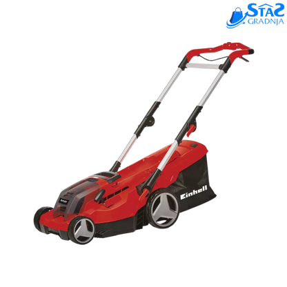 Einhell GE-CM 36/37 Li akumulatorska kosačica sa aluminijumskom ručkom, korpom od 45 litara i integrisanim češljem za travu.

