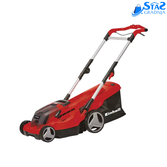 Einhell GE-CM 36/37 Li akumulatorska kosačica sa aluminijumskom ručkom, korpom od 45 litara i integrisanim češljem za travu.

