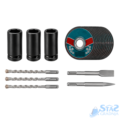 A set of masonry and drilling tools arranged on a white background, including three black socket extensions, a stack of circular abrasive discs with a teal and red center, three twisted steel drill bits, a flat steel blade, and a pointed steel bit. A STG2 GRADNJA logo appears in the bottom right corner.