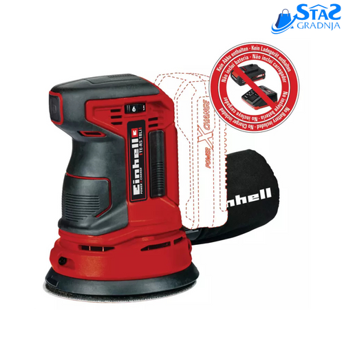 Akumulatorska ekscentrična brusilica Einhell TE-RS 18 Li-Solo, kompaktni dizajn, crveno-crna boja, sa brusnim papirom P80.