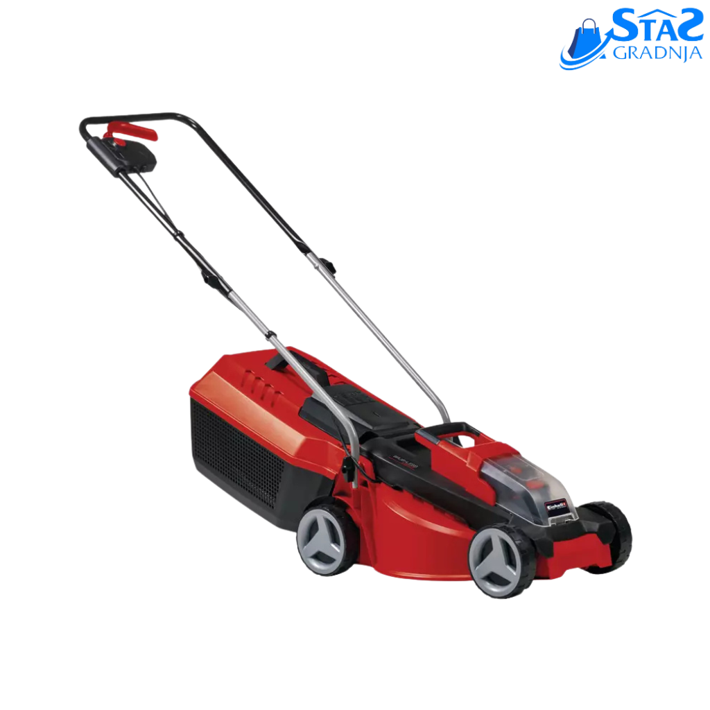 Einhell GE-CM 18/30 Li-Solo akumulatorska kosačica sa Power X-Change kompatibilnošću, laganim plastičnim kućištem i integrisanom ručkom za nošenje.

