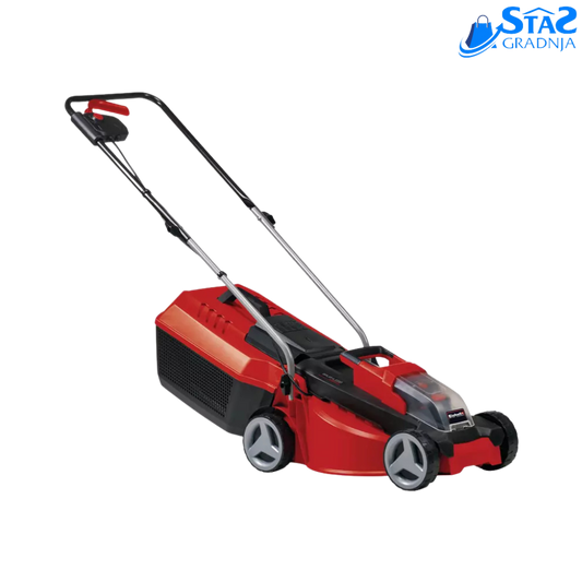 Einhell GE-CM 18/30 Li-Solo akumulatorska kosačica sa Power X-Change kompatibilnošću, laganim plastičnim kućištem i integrisanom ručkom za nošenje.

