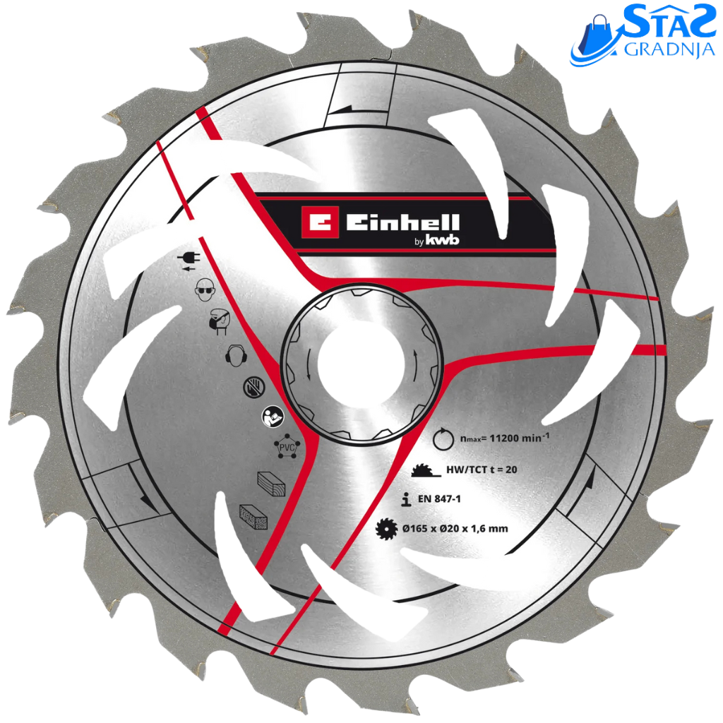 Einhell TCT rezni list 165x20x1,6mm T20 za sečenje tvrdog i mekog drva, kao i PVC materijala.