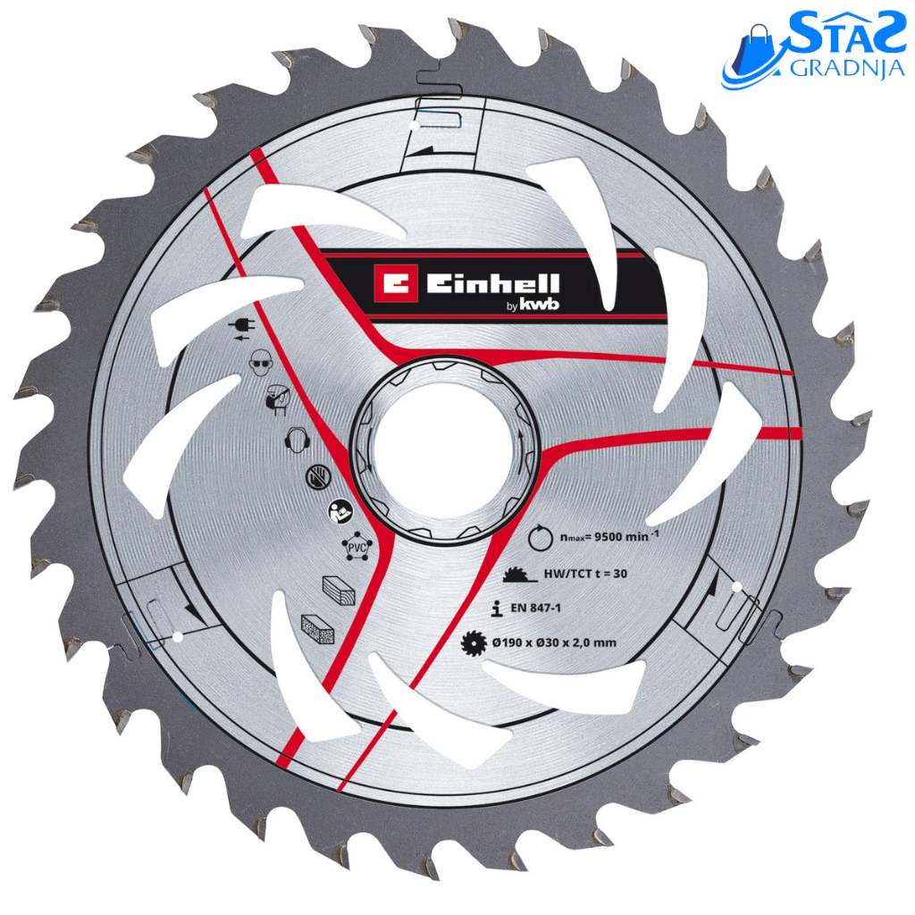 Einhell TCT rezni list dimenzija 190x30x1,8mm, sa oštrim karbidnim zubima, prikazan na beloj pozadini.