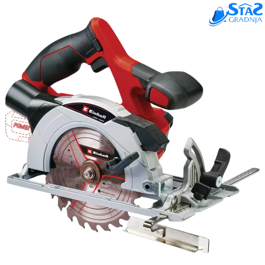 Einhell TE-CS 18/150 Li - Solo aku ručnu kružnu testeru u crvenoj i crnoj boji, s mekanim rukohvatom i LED osvetljenjem, spremnu za rad na različitim materijalima.