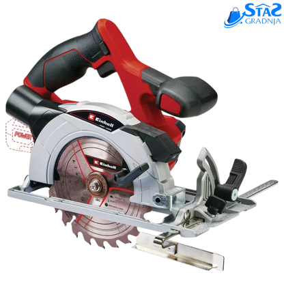 Einhell TE-CS 18/150 Li - Solo aku ručnu kružnu testeru u crvenoj i crnoj boji, s mekanim rukohvatom i LED osvetljenjem, spremnu za rad na različitim materijalima.