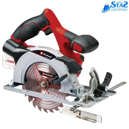 Einhell TE-CS 18/150 Li - Solo aku ručnu kružnu testeru u crvenoj i crnoj boji, s mekanim rukohvatom i LED osvetljenjem, spremnu za rad na različitim materijalima.