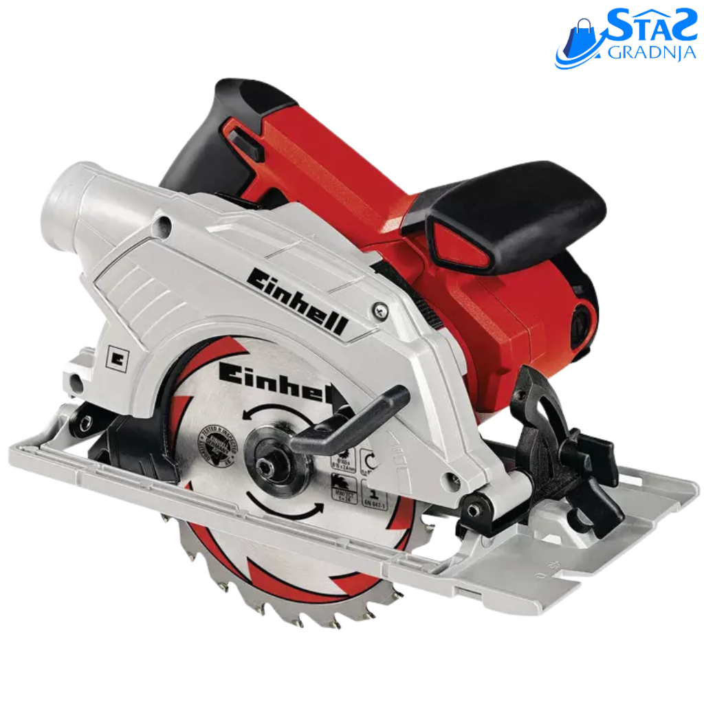 Einhell ručna kružna testera TE-CS 165, crveno-crna boja, sa laserskim vodičem i ergonomskom drškom.

