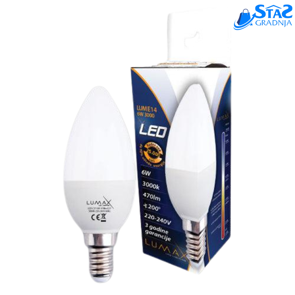 LUMAX LED sijalica E14 6W – 3000K toplo-bela, energetski efikasna LED sijalica sa E14 grlom, C37 dimenzije.







