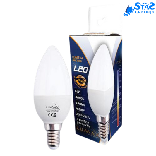 LUMAX LED sijalica E14 6W – 3000K toplo-bela, energetski efikasna LED sijalica sa E14 grlom, C37 dimenzije.







