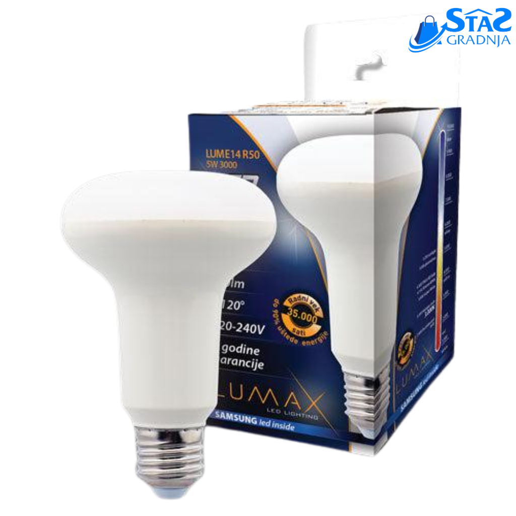 LUMAX LED sijalica E14 R50 5W – 3000K toplo-bela, reflektorska LED sijalica sa E14 grlom, energetski efikasna i dugotrajna.








