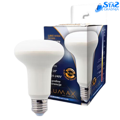 LUMAX LED sijalica E14 R50 5W – 3000K toplo-bela, reflektorska LED sijalica sa E14 grlom, energetski efikasna i dugotrajna.







