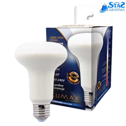 LUMAX LED sijalica E14 R50 5W – 3000K toplo-bela, reflektorska LED sijalica sa E14 grlom, energetski efikasna i dugotrajna.







