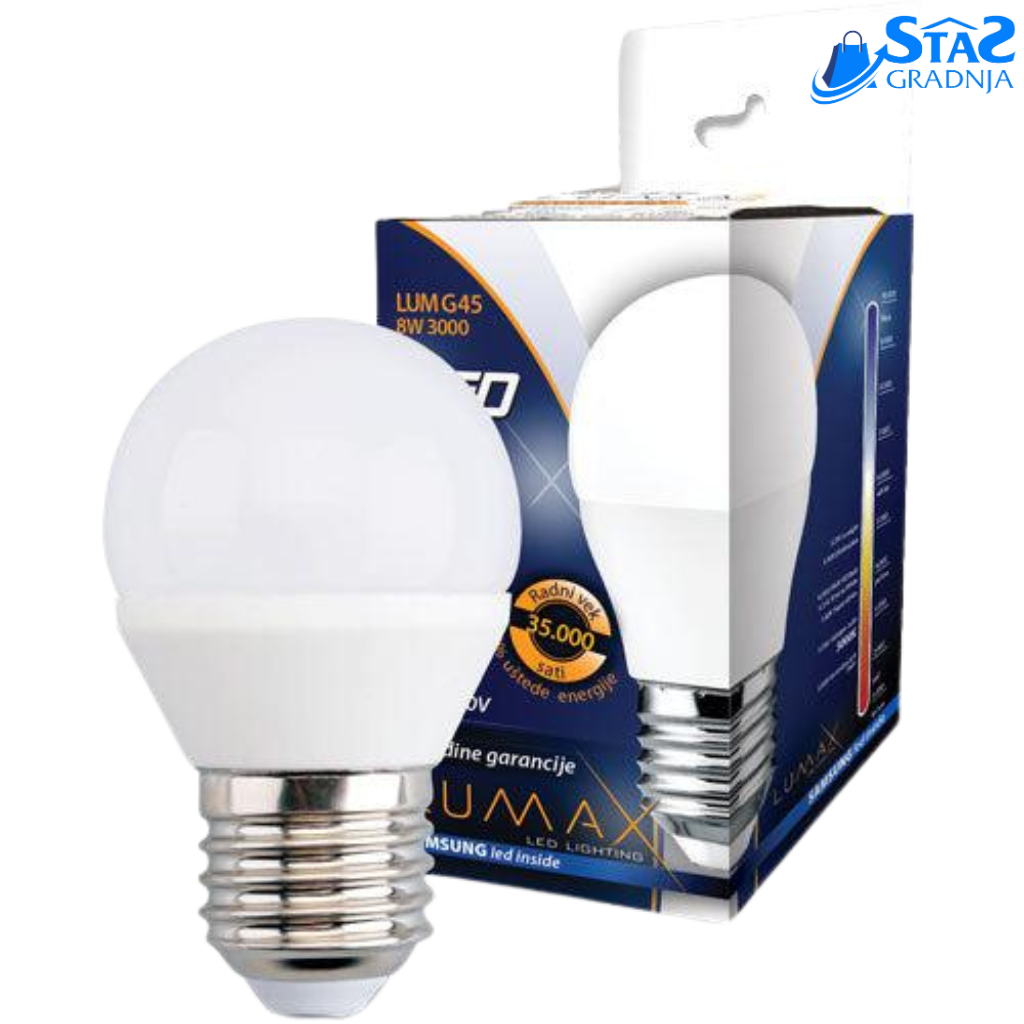 LUMAX LED sijalica G45 – 8W, E27, 3000K toplo-bela, dugotrajna i energetski efikasna.