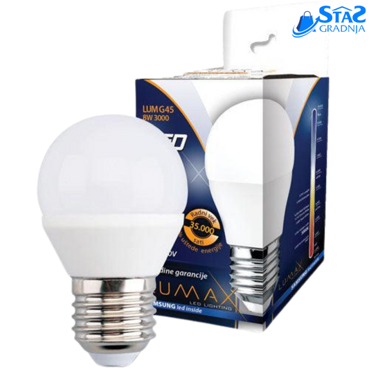 LUMAX LED sijalica G45 – 8W, E27, 3000K toplo-bela, dugotrajna i energetski efikasna.