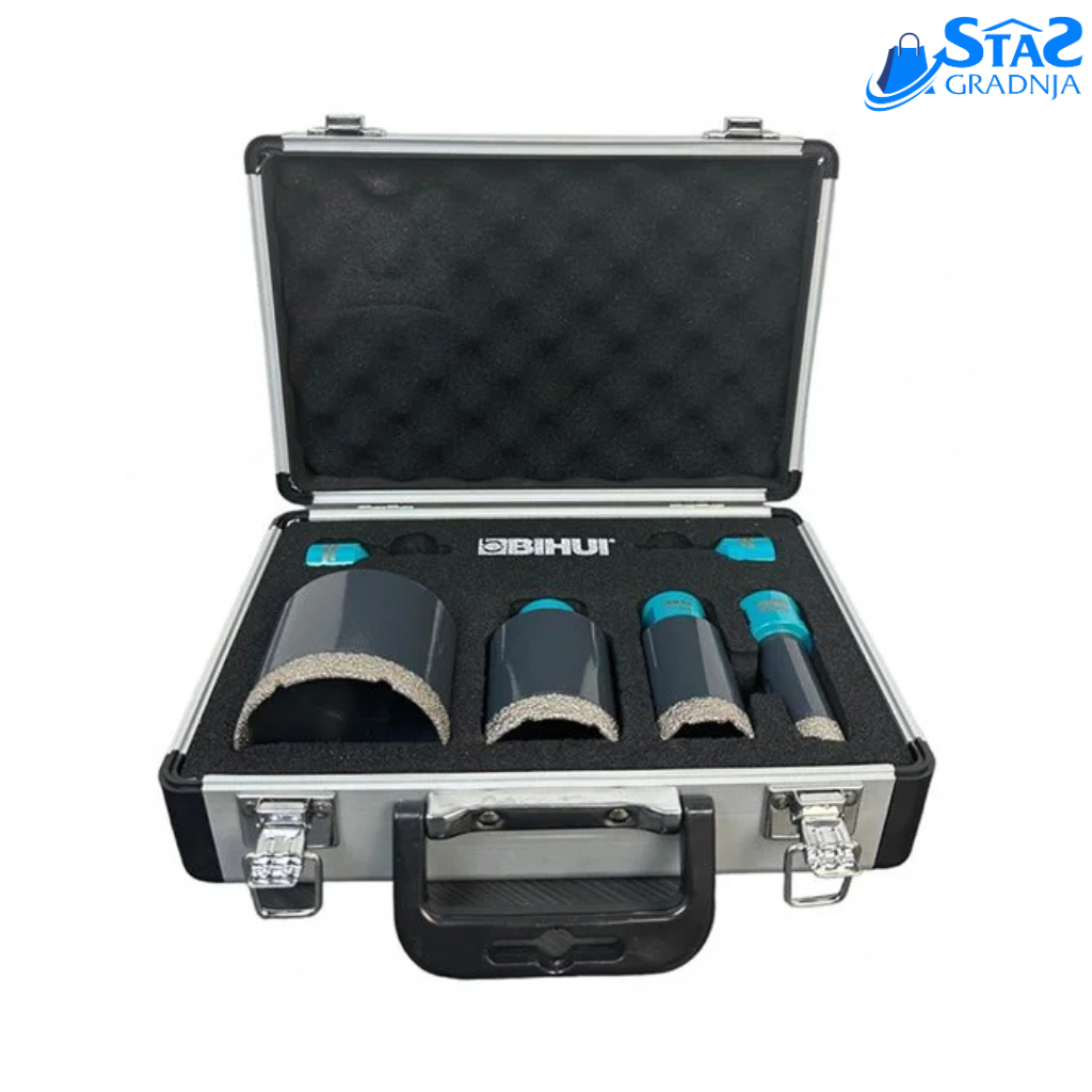 Set BIHUI DBDMK6 sa 6 dijamantskih kruna za M14 brusilice. Dimenzije: 6, 8, 10, 25, 35, 50 mm. Profesionalan alat za suvo bušenje keramike i kamena.

