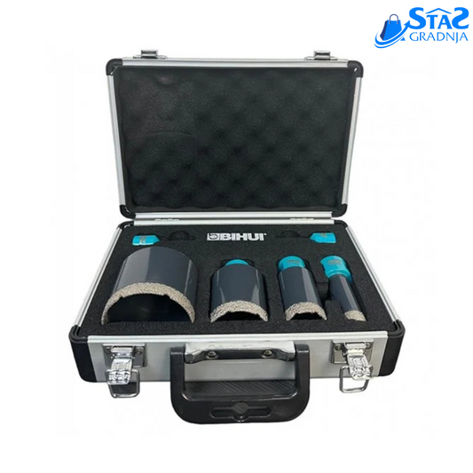 Set BIHUI DBDMK6 sa 6 dijamantskih kruna za M14 brusilice. Dimenzije: 6, 8, 10, 25, 35, 50 mm. Profesionalan alat za suvo bušenje keramike i kamena.

