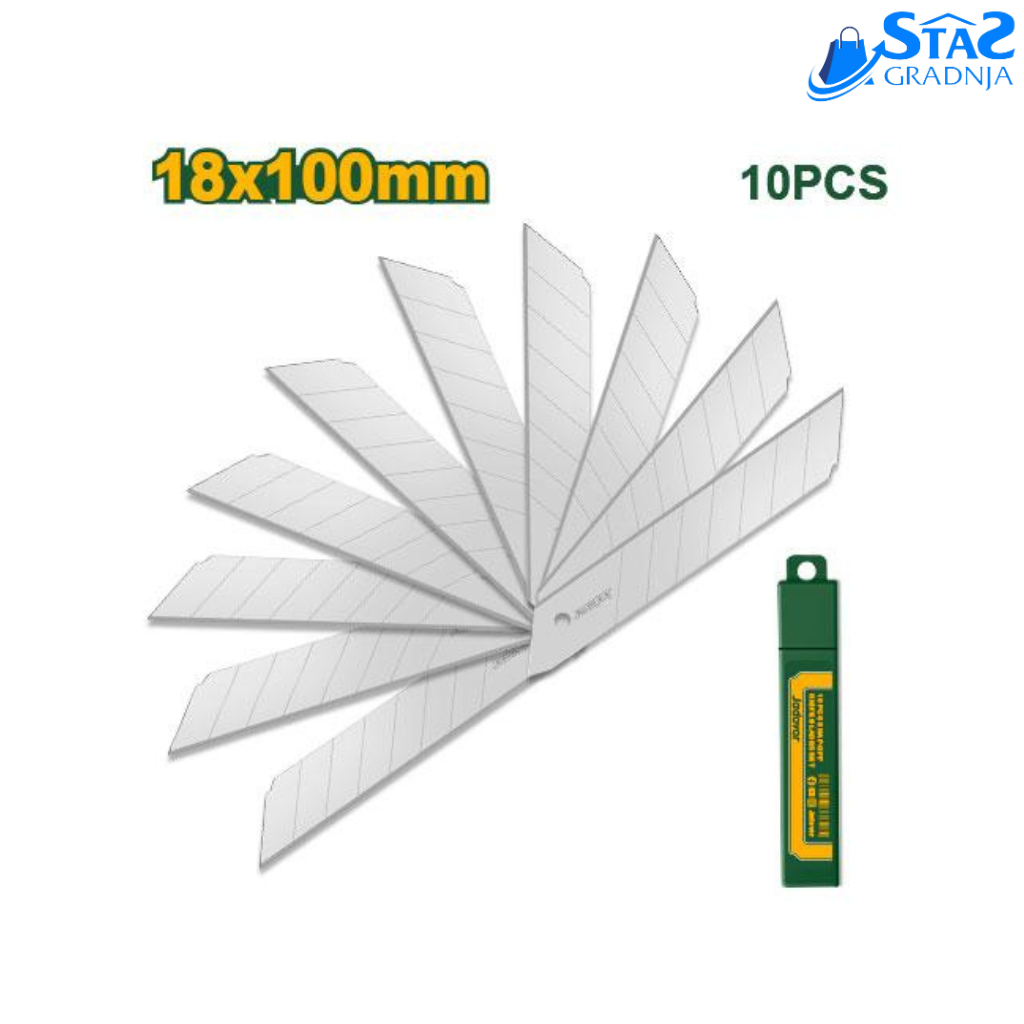 Set od 10 rezervnih nožića za skalpel 18x100mm Jadever, upakovanih u sigurnosnu kutiju.