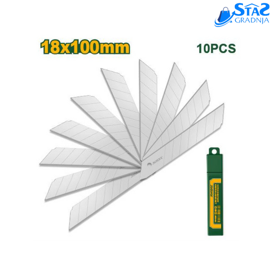 Set od 10 rezervnih nožića za skalpel 18x100mm Jadever, upakovanih u sigurnosnu kutiju.