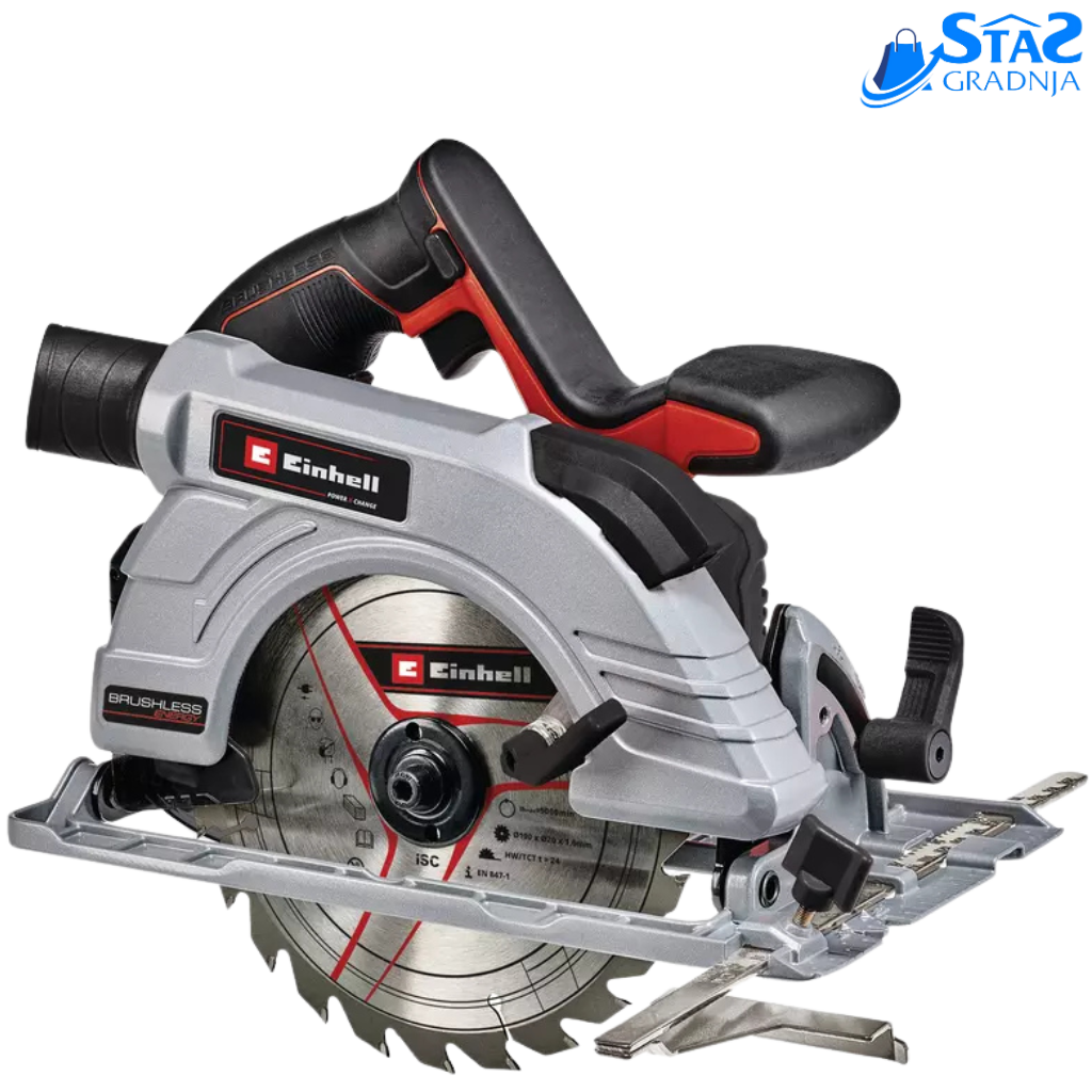 Slika prikazuje Einhell TP-CS 18/190 Li BL-Solo aku kružnu testeru sa velikim sečivom i ergonomski dizajniranim rukohvatom, savršenu za profesionalne i kućne projekte.

