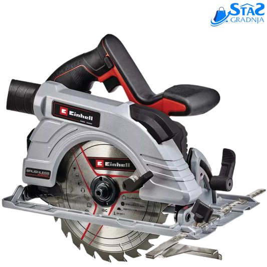 Slika prikazuje Einhell TP-CS 18/190 Li BL-Solo aku kružnu testeru sa velikim sečivom i ergonomski dizajniranim rukohvatom, savršenu za profesionalne i kućne projekte.

