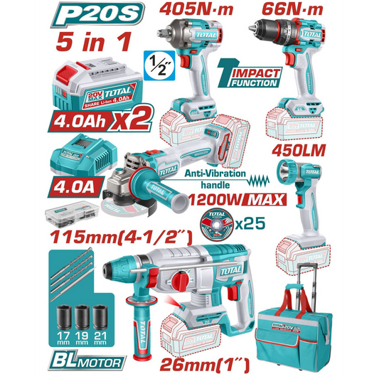 TOTAL TCKLI20595E P20S aku set 5 u 1 sa 2x 4Ah baterije i 47 dodataka