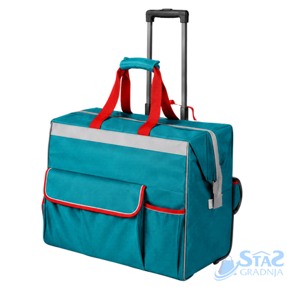 A teal blue rolling duffel bag with red handles and trim, a gray telescoping handle, and a reflective gray stripe on the front, shown on a white background with a STG2 brand watermark.