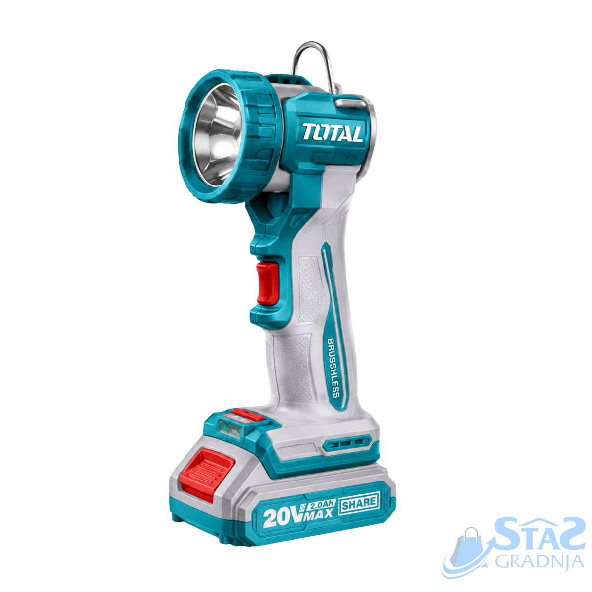 A cordless work light with a teal and white body, red accents, and a matching teal battery pack, shown on a plain white background. The brand name 'TOTAL' is clearly visible on the head of the tool.