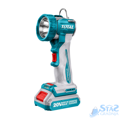 A cordless work light with a teal and white body, red accents, and a matching teal battery pack, shown on a plain white background. The brand name 'TOTAL' is clearly visible on the head of the tool.