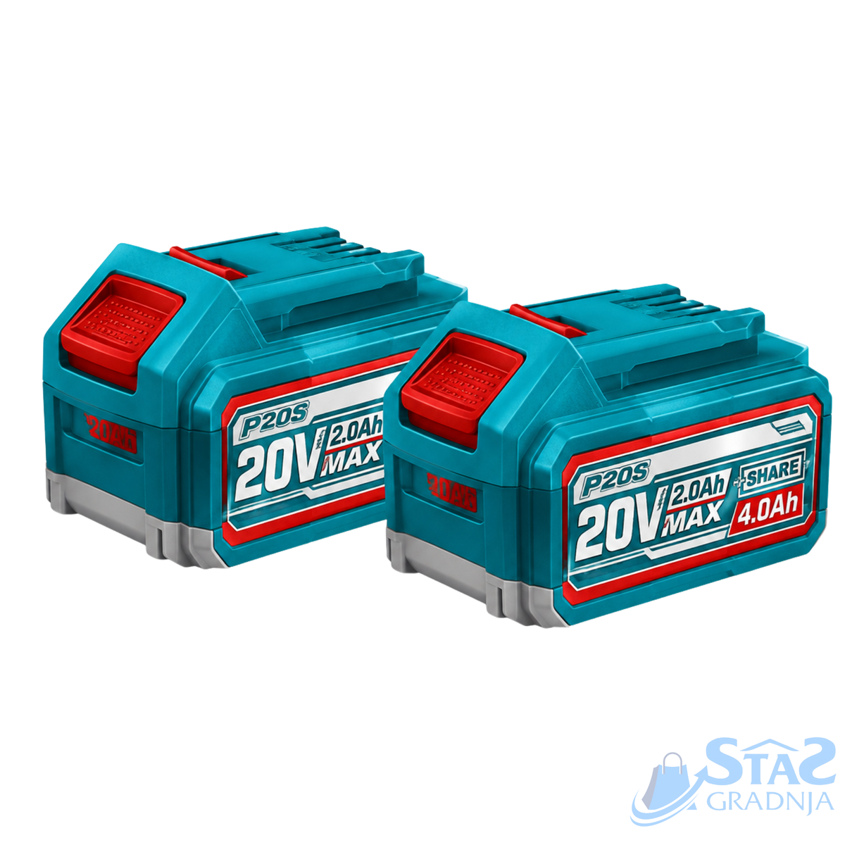 Two teal and red cordless battery packs labeled P20S 20V MAX 2.0Ah and 4.