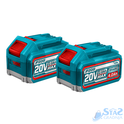 Two teal and red cordless battery packs labeled P20S 20V MAX 2.0Ah and 4.