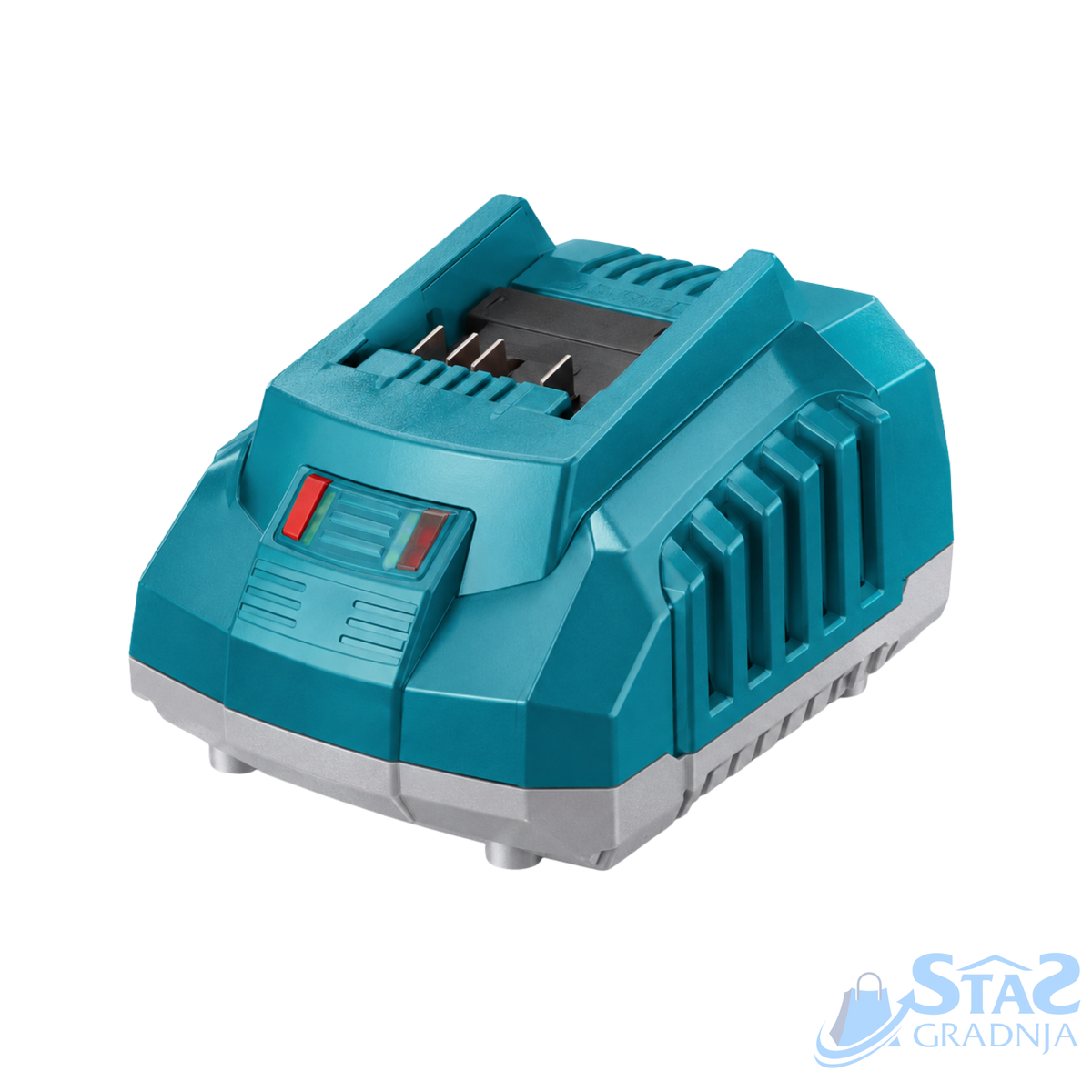 A teal and gray dual-port battery charger with red indicator lights, shown on a white background with a STA2 GRADNJA watermark in the bottom right corner.