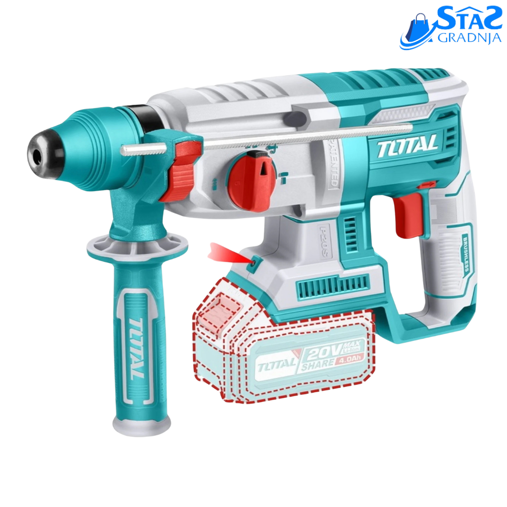 Total Akumulatorska čekić bušilica 2,5J, 20V sa 2x4.0Ah baterijama i SDS Plus sistemom, pogodna za bušenje u betonu, čeliku i drvetu, uz integrisano radno svetlo.