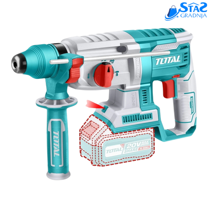 Total Akumulatorska čekić bušilica 2,5J, 20V sa 2x4.0Ah baterijama i SDS Plus sistemom, pogodna za bušenje u betonu, čeliku i drvetu, uz integrisano radno svetlo.
