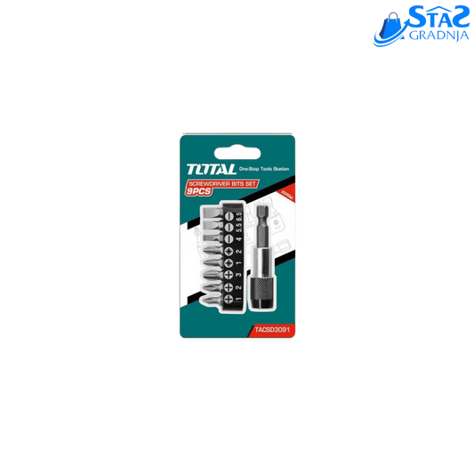 Total Alati TACSD3091 9-delni set bitova i namagnetisanog nastavka, izrađen od S2 industrijskog čelika, upakovan u blister.