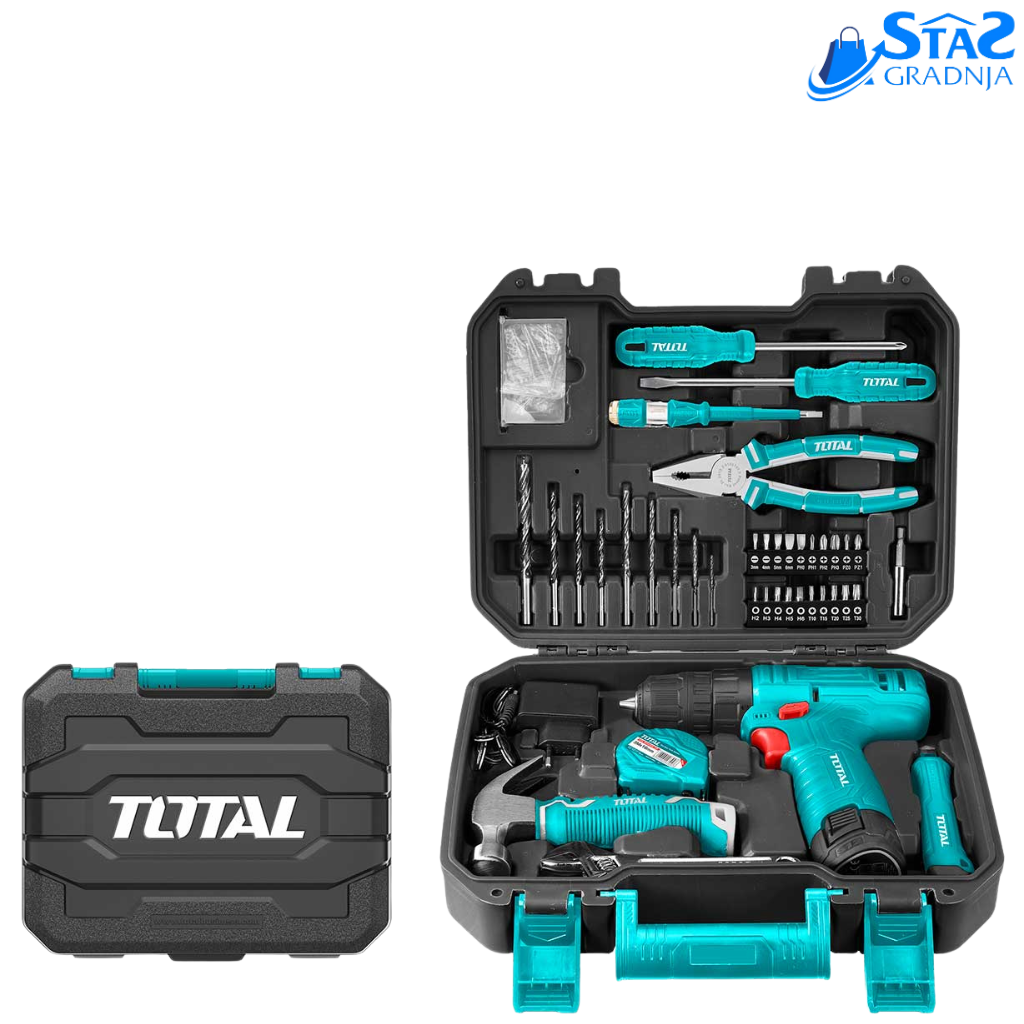 Total Alati THKTHP10812 81-delni set alata sa baterijskom bušilicom, šrafcigerima, klještima, čekićem i dodacima za bušenje i zavrtanje, upakovan u praktičan kofer.